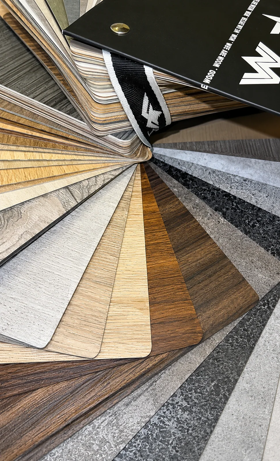 A fan of timber and stone finish samples